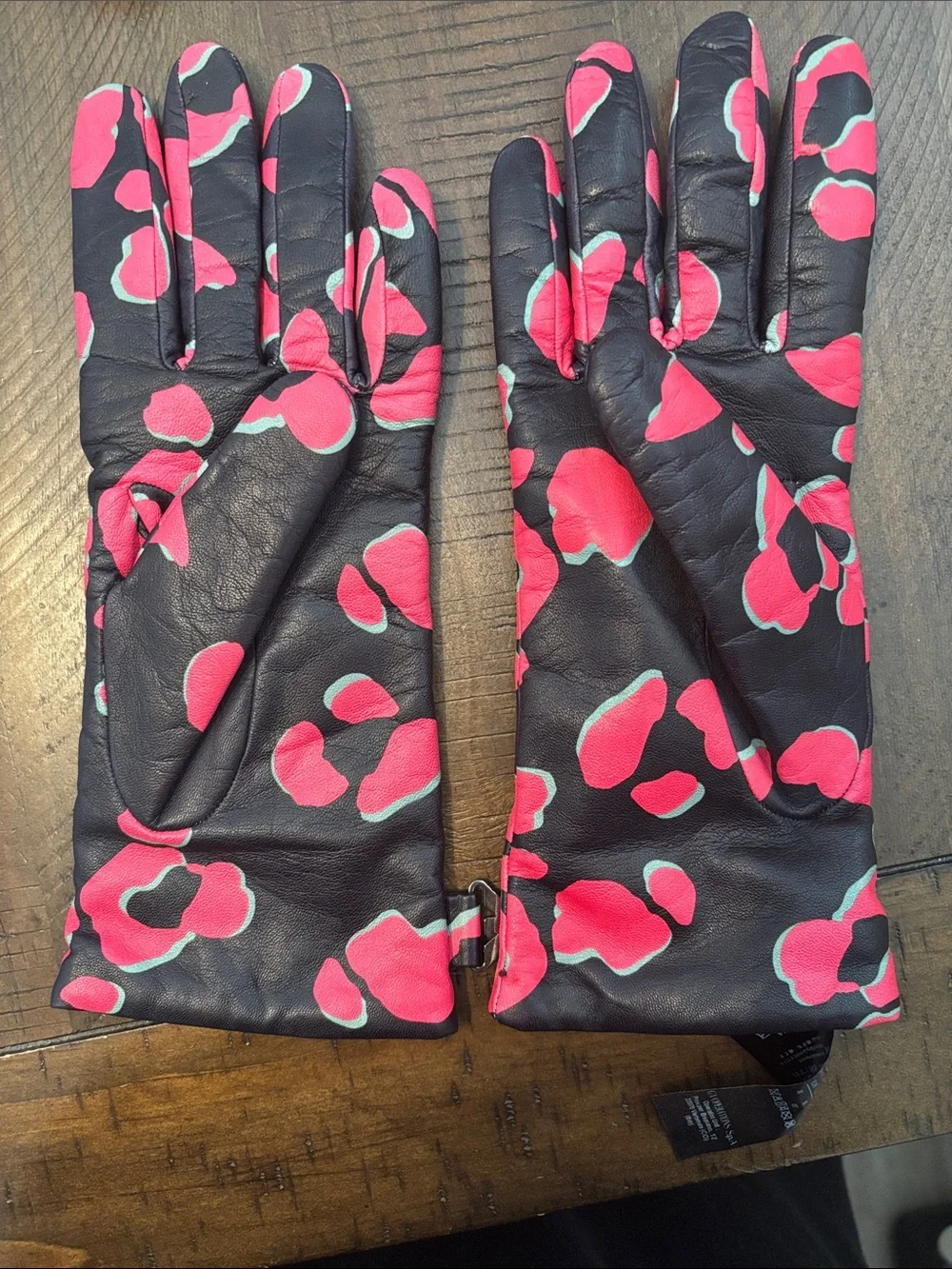 Emporio Armani Black Leather Gloves with Pink & Aqua Floral Spots